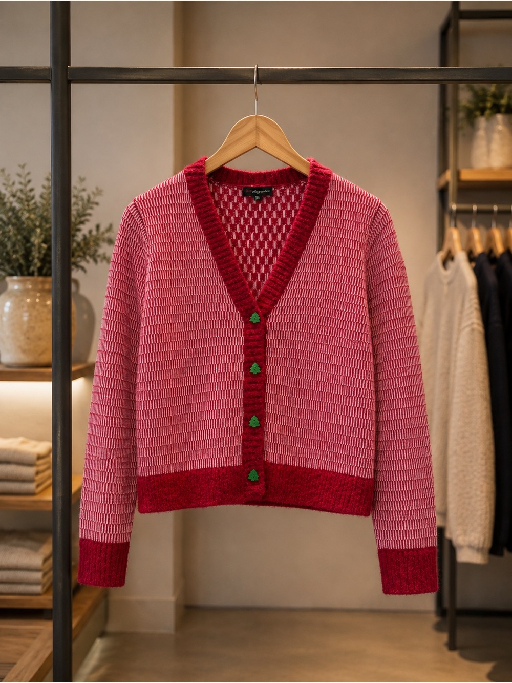 32 Degrees Pink and Red V-Neck Cardigan with Green Buttons